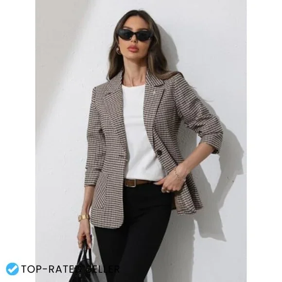 Plaid Blazer with Embroidered Collar Houndstooth Business Casual Office Jacket - Picture 3 of 7